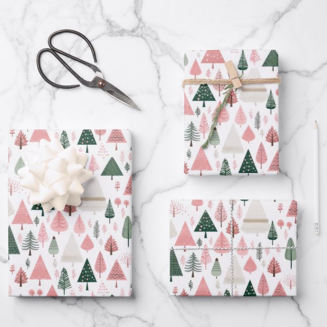 Boho Pink Green Whimsical Seasonal Christmas Trees Wrapping Paper Sheet (Front)
