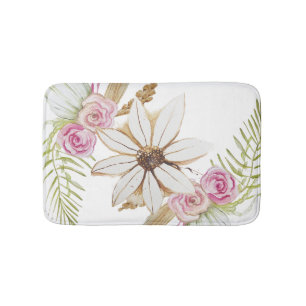 Boho Pink Green White Brown Floral Elegant  Bath Mat