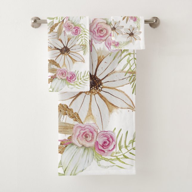 Boho Pink Green White Brown Floral Elegant Trendy  Bath Towel Set (Insitu)