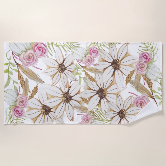 Boho Pink Green White Brown Floral Elegant Trendy Beach Towel (Front)