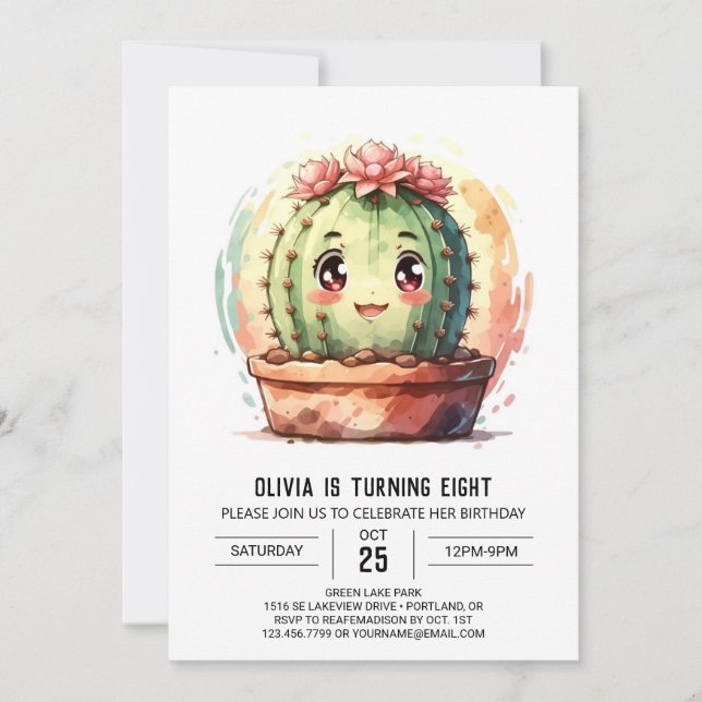 Boho Pink Happy Cactus Girl Birthday Invitation (Front)