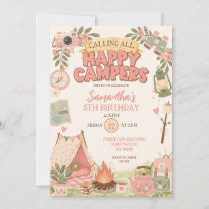 Boho Pink Happy Campers Girl Birthday Invitation