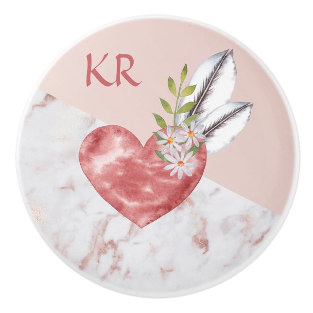 Boho Pink Heart Feathers Daisy Marble Pattern Ceramic Knob (Front)