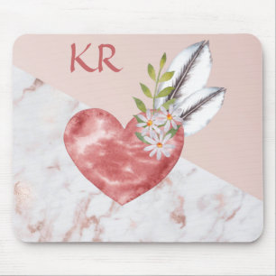 Boho Pink Heart Feathers Daisy Marble Pattern Mouse Mat