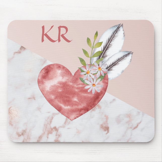 Boho Pink Heart Feathers Daisy Marble Pattern Mouse Mat (Front)