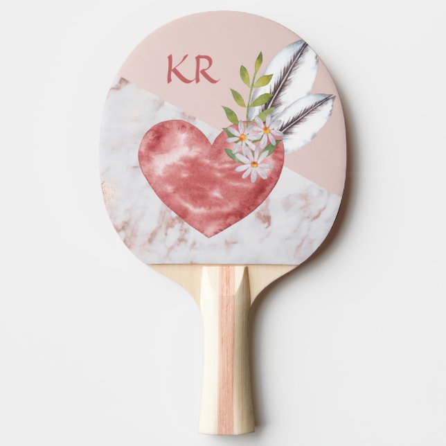 Boho Pink Heart Feathers Daisy Marble Pattern Ping Pong Paddle (Front)
