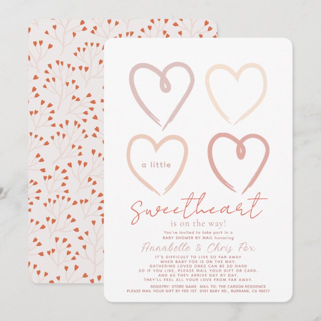 Boho Pink Hearts Sweetheart Baby Shower by Mail Invitation (Front/Back)