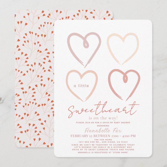 Boho Pink Hearts Sweetheart Drive-by Baby Shower Invitation (Front/Back)