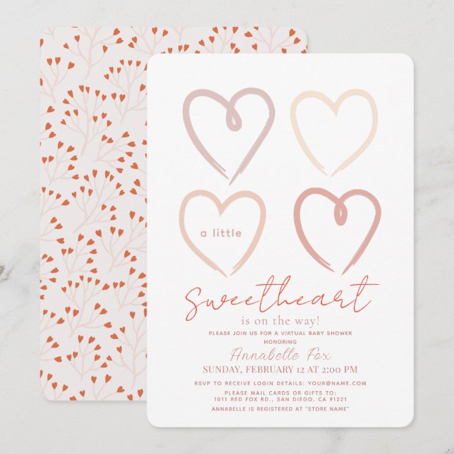 Boho Pink Hearts Sweetheart Virtual Baby Shower Invitation (Front/Back)