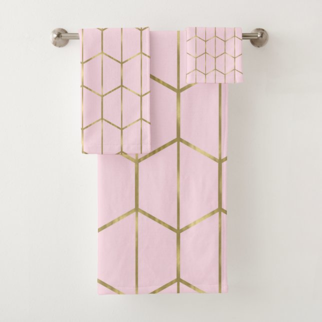Boho Pink Hexagon Gold & Geometric Glam  Bath Towel Set (Insitu)