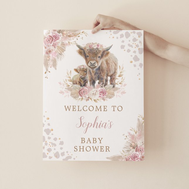 Boho Pink Highland Cow Baby Girl Shower Welcome Poster (Creator Uploaded)