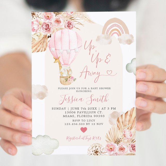 Boho Pink Hot Air Balloon Floral Baby Shower Invit Invitation (Creator Uploaded)