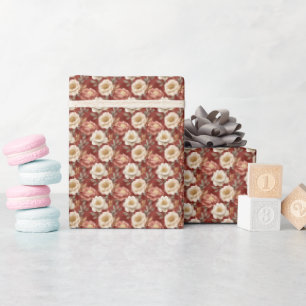 Boho Pink & Ivory Floral on Mottled Maroon Wrapping Paper
