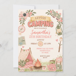 Boho Pink Let's Go Camping Birthday Invitation