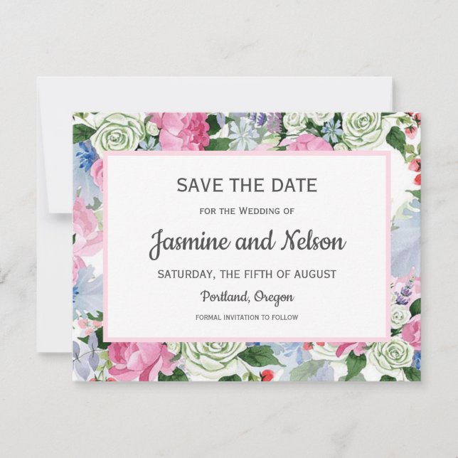 Boho pink Lilac blue Flowers Wedding Save the date RSVP Card (Front)