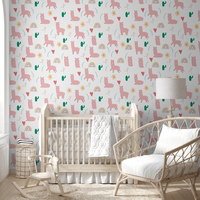 Boho Pink Llama & Rainbows Baby Girl Nursery Wallpaper (Kids)