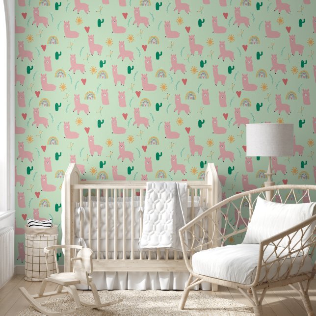 Boho Pink Llama & Rainbows Green Baby Girl Nursery Wallpaper (Kids)