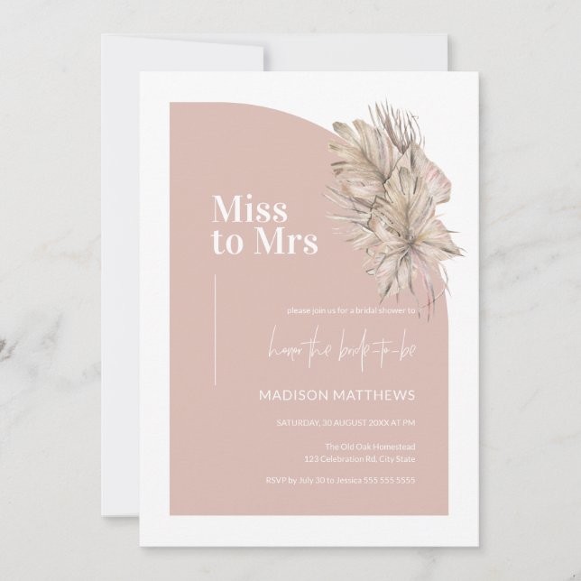 Boho Pink Minimal Arch Miss to Mrs Bridal Shower Invitation (Front)