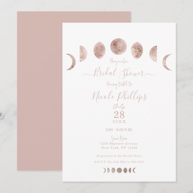 Boho Pink Moon Phases Modern Minimal Bridal Shower Invitation (Front/Back)