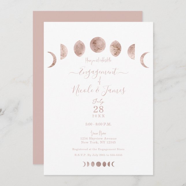 Boho Pink Moon Phases Modern Minimal Engagement   Invitation (Front/Back)