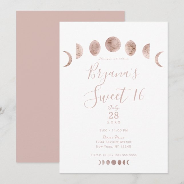 Boho Pink Moon Phases Modern Minimal Sweet 16   Invitation (Front/Back)