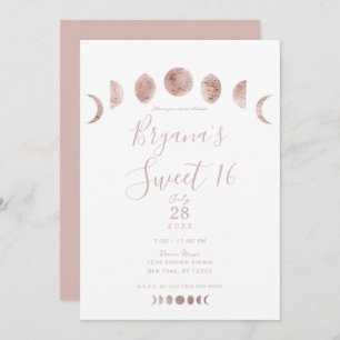 Boho Pink Moon Phases Modern Minimal Sweet 16   Invitation