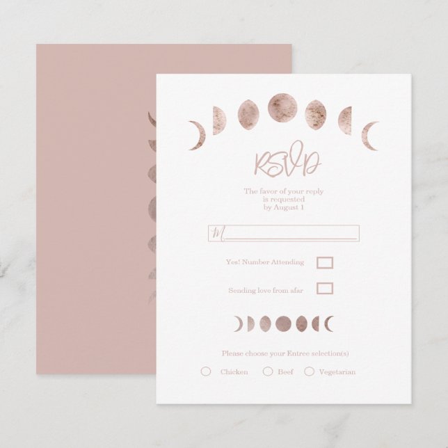 Boho Pink Moon Phases Modern Minimal Wedding RSVP  Invitation (Front/Back)