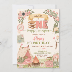 Boho Pink One Happy Camper First Birthday Invitation