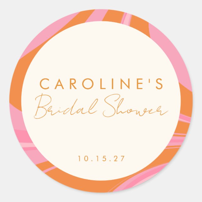 Boho Pink Orange Abstract Custom Bridal Shower Classic Round Sticker (Front)