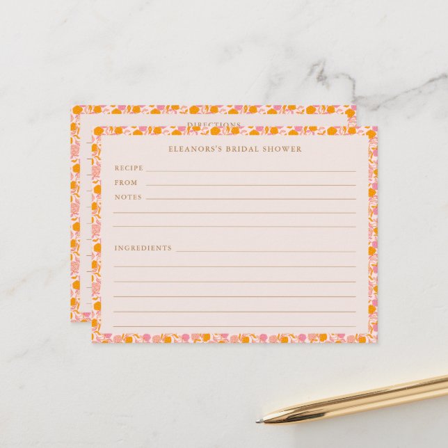Boho Pink Orange Floral Bridal Shower Recipe Card (Front/Back In Situ)