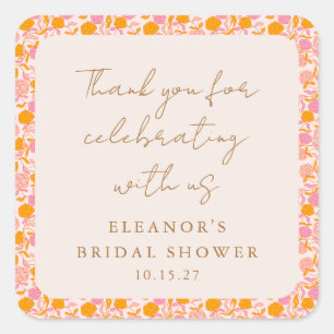 Boho Pink Orange Floral Bridal Shower Thank You Square Sticker
