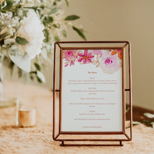 Boho Pink Orange Floral Chic Custom Wedding Menu (Creator Uploaded)