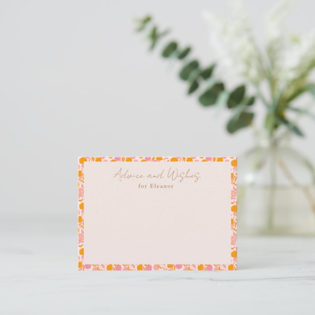Boho Pink Orange Floral Cute Baby Shower  Advice Card (Standing Front)