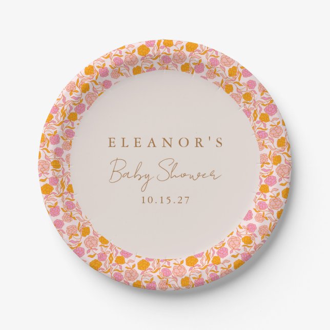 Boho Pink Orange Floral Cute Baby Shower Custom Paper Plate (Front)