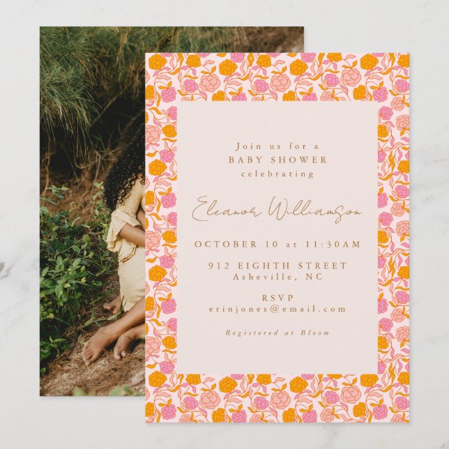 Boho Pink Orange Floral Cute Baby Shower Photo Invitation (Front/Back)