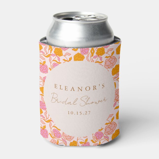 Boho Pink Orange Floral Cute Bridal Shower Custom Can Cooler (Can Front)