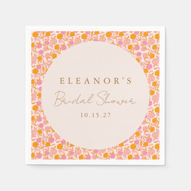 Boho Pink Orange Floral Cute Bridal Shower Custom Napkin (Front)