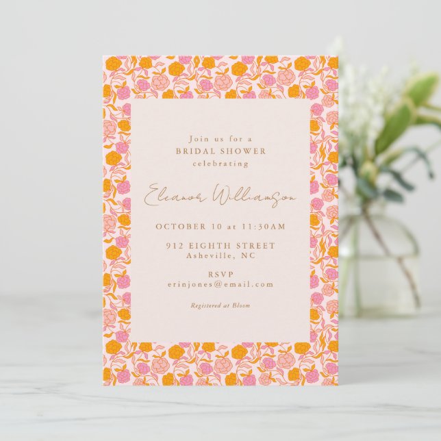 Boho Pink Orange Floral Host Names Bridal Shower Invitation (Standing Front)