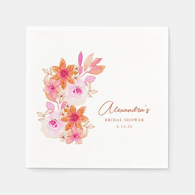 Boho Pink Orange Flowers Bridal Shower Custom Napkin (Front)