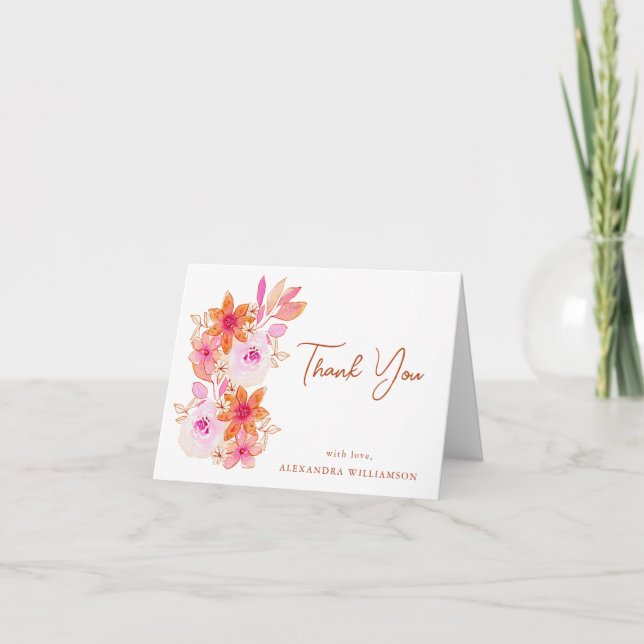 Boho Pink Orange Flowers Shower Custom Folded  Thank You Card (Front)