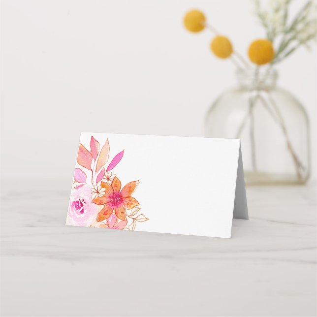 Boho Pink Orange Flowers Wedding Blank Place Card (Front)