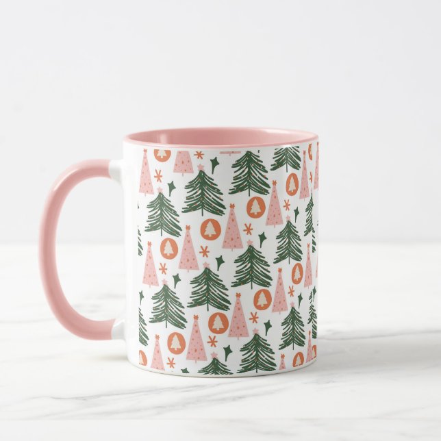 Boho Pink Orange Green Christmas Trees Trendy Pink Mug (Left)