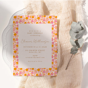 Boho Pink Orange Retro Floral Baby Sprinkle Party Invitation