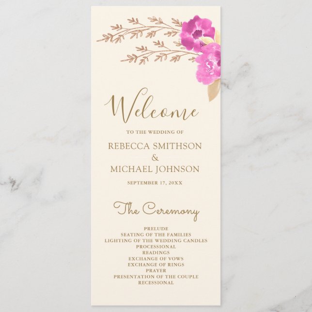 Boho Pink Orchid Floral Ivory Wedding Programme (Front)