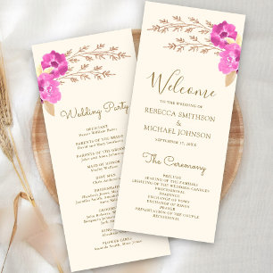 Boho Pink Orchid Floral Ivory Wedding Programme