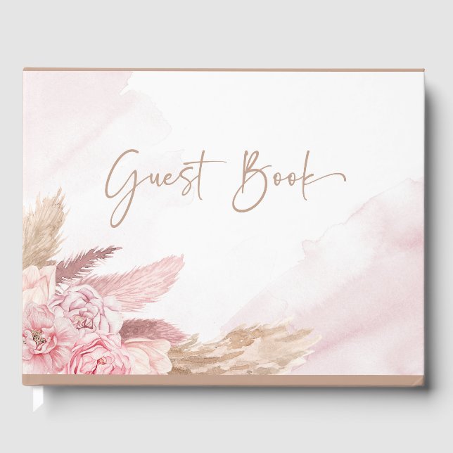 Boho Pink Pampas Grass Baby Shower Guest Book (Front)
