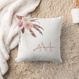 Boho Pink Pampas Grass Dried Flowers Monogram Cushion