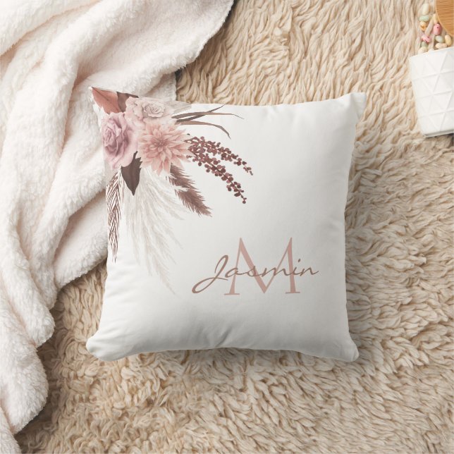 Boho Pink Pampas Grass Dried Flowers Monogram Cushion (Blanket)