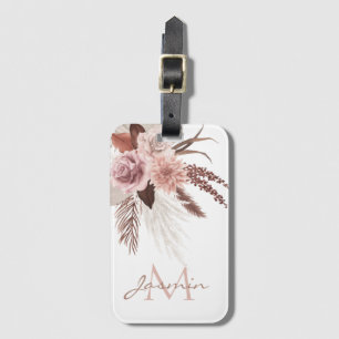 Boho Pink Pampas Grass Dried Flowers Monogram Luggage Tag