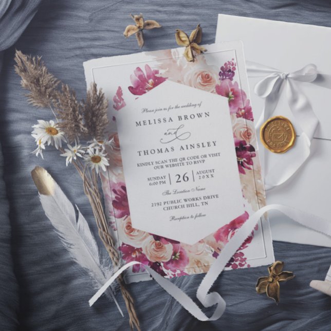 Boho Pink Pampas Grass Floral QR Code Wedding Invitation (Creator Uploaded)
